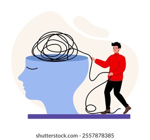 Mental clarity journey with a figure untangling thoughts represented by a blue head