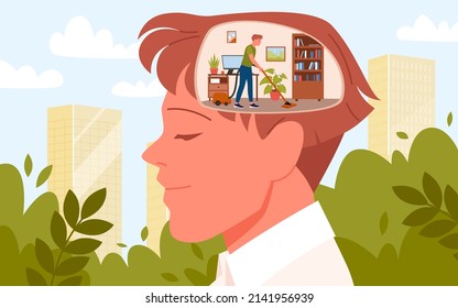 Mental cleanup of inner space inside head vector illustration. Cartoon young man cleaning room with vacuum cleaner to organize thought, care brain health background. Mind detox, intellect concept