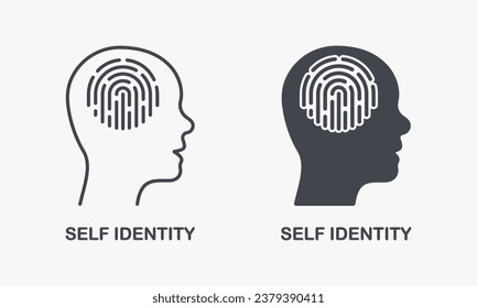 Mental Cognition Pictogram. Fingerprint in Human Head, Self Identity Silhouette and Line Icon Set. Person Identification Symbol Collection. Intellectual Process Sign. Isolated Vector Illustration.