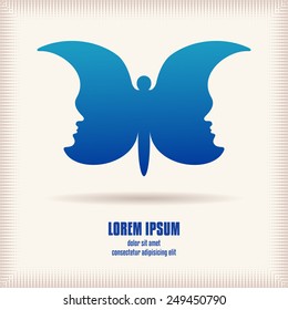 Plantilla de logotipo de concepto mental. Dos caras humanas como alas de mariposa. Elemento de diseño forma simétrica abstracta. Idea para logotipo o identidad corporativa. El archivo vector es EPS8.