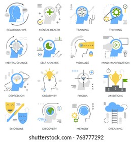 Mental concept set of flat icons with self analysis, training, thinking, phobias and emotions isolated vector illustration 