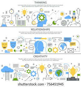 Mental concept set of horizontal flat linear banners with thinking process, relationships, creativity isolated vector illustration 