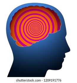 Mental confusion, dizziness, symbolized with a psychedelic spiral in the brain of a young person.