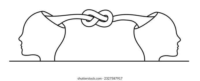 Mental connection between two people. The knot that binds minds. Minimalistic outline vector concept illustration.	