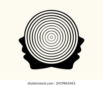 Mental connection in relationships. People are connected psychologically, their thoughts are united. Also an illustration of Janusian thinking, duplicity. Human head with two profiles. Vector graphic.