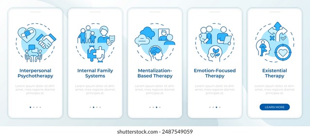 Mental counseling differences blue onboarding mobile app screen. Walkthrough 5 steps editable graphic instructions with linear concepts. UI, UX, GUI template