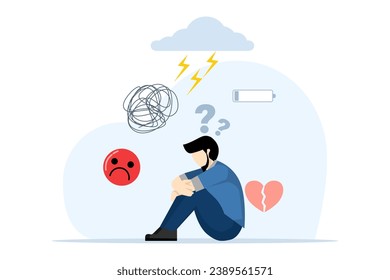 Mental depression concept. depressed person sitting on the floor. Mental health and psychotherapy concept. Anxiety, stress, emotional exhaustion and other psychological problems. vector illustration.