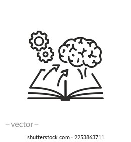 icono del desarrollo mental, educar a través del libro de lectura, entrenar el intelecto cerebral, símbolo de línea delgada - ilustración del vector de trazo editable