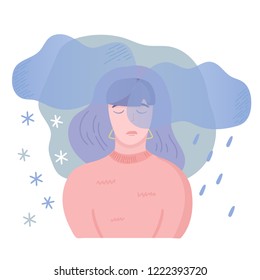 Mental disease illustration. Girl with seasonal affected disorder, feeling bad at the same time each year with depressive symptoms and little energy. Vector illustration, cartoon flat style.