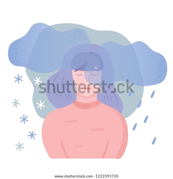 Mental
disease illustration. Girl with seasonal affected disorder, feeling
bad at the same time each year with depressive symptoms and little
energy. Vector illustration, cartoon flat
style.