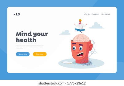 Mental Disease, Mind Problems Landing Page Template. Psychiater winziger Charakter meditieren über riesigem menschlichen Kopf mit offenen Gehirn verwirrten Gedanken und verrückten verwirrten Gesicht. Cartoon-Vektorgrafik