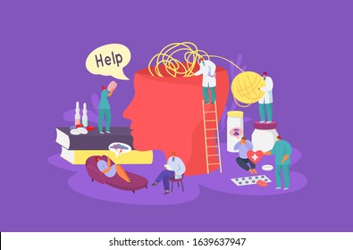 Mental disease psychology concept vector illustration. Huge head need help tiny people working doctors team and patients. Brain illness treatment medication therapy. Psychology, psychiatry, neurology