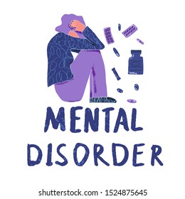 Mental disoder. Girl sitting on the floor with fear isolated on white background. Vector illustartion