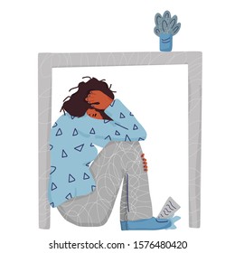Trastorno mental. Niña sentada en el suelo con miedo aislado sobre fondo blanco. Ilustración de Vector