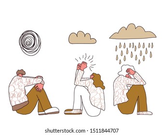 Mental disoder. Young people sitting on the floor with depression, anxiety, stress isolated on white background. Vector illustartion in doodle style.