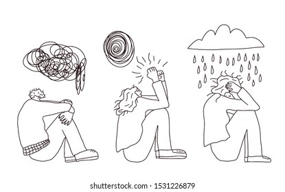 Mental disoder. Young people sitting on the floor with depression, anxiety, stress isolated on white background. Vector illustartion in doodle style.