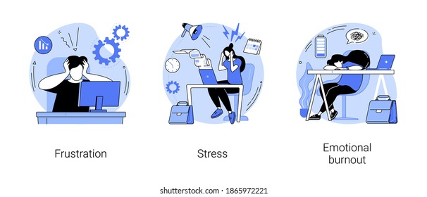 Mental disorder abstract concept vector illustration set. Frustration and stress, emotional burnout, anger control, overworking, psychological help, depression diagnosis abstract metaphor.