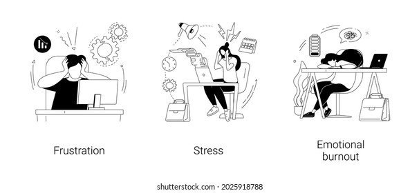 Psychische Störung abstraktes Konzept Vektorgrafik Set. Frustration und Stress, emotionaler Brenout, Wutkontrolle, Überarbeit, psychologische Hilfe, Depressionsdiagnose abstrakte Metapher.