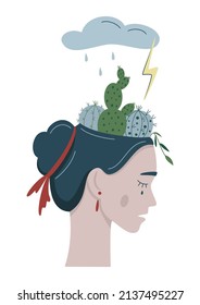 Mental disorder, anxiety, confusion and depression creative abstract concept. Unhappy woman’s head with cactuses inside and thunderstorm. Isolated vector illustrations about psychological problems