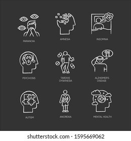 Mental disorder chalk icons set. Paranoia, psychosis. Amnesia, insomnia. Tardive dyskinesia. Alzheimer disease. Autism. Anorexia. Anxiety and depression. Isolated vector chalkboard illustrations