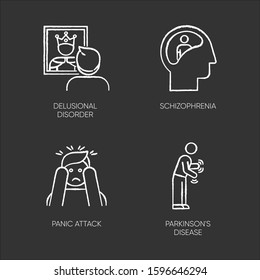 Mental disorder chalk icons set. Delusional person. Schizophrenia. Panic attack. Parkinson disease. Confused mind. Dementia. Tremor in movement. Isolated vector chalkboard illustrations