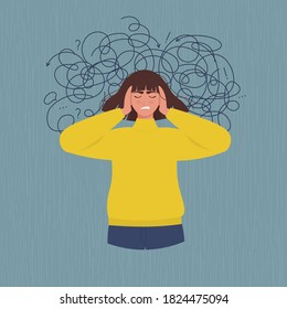 Mental disorder and chaos in the human mind. Woman suffering from depression, stress. Vector illustration in flat style