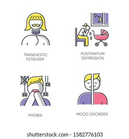 Mental disorder color icons set. Transvestic fetishism. Postpartum depression. Phobia. Panic attack. Mood disorder. Deviation and perversion. Woman crying. Isolated vector illustrations