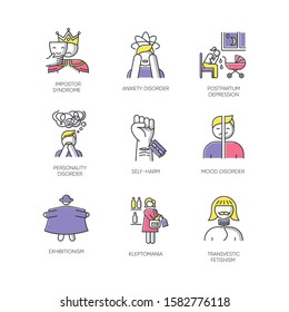 Mental disorder color icons set. Impostor syndrome. Anxiety. Postpartum depression. Personality and mood disorder. Self-harm. Exhibitionism. Kleptomania. Fetishism. Isolated vector illustrations