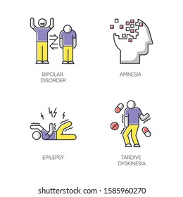 Mental disorder color icons set. Manic and depressive episodes. Bipolar personality disorder. Amnesia. Memory loss. Epileptic seizure. Tardive dyskinesia. Medication. Isolated vector illustrations