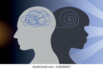 Mental disorder concept. Abstract silhouettes with ball in head, depression and frustration. Psychological problems, uncertainty. Characters with inner fears. Cartoon flat vector illustration