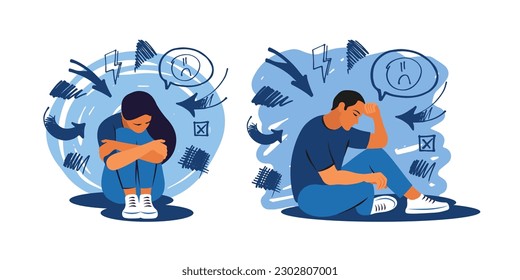 Mental disorder concept. Depression woman and man. Stress, despair, anxiety disorder, fatigue. Vector illustration.