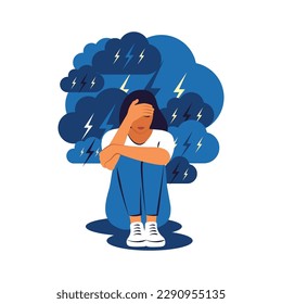 Mental disorder concept. Frustrated stressed woman having anxiety problems, stress, headache. Vector illustration.