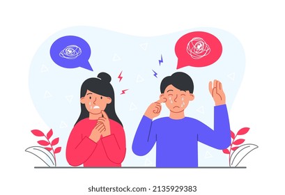 Mental disorder concept. Man and girl in tears, confused people. Mental health, psychology and internal problems. Depression playfulness, low self esteem metaphor. Cartoon flat vector illustration