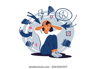 Mental disorder concept. Nervous woman with mental problem feeling anxiety. Vector illustration.