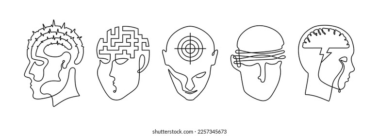 Trastorno mental: un conjunto continuo de líneas de dibujo, una línea de descripción abstracta de problemas de salud psíquicos, íconos minimalistas de cabezas humanas que ilustran trastornos de personalidad o enfermedades mentales