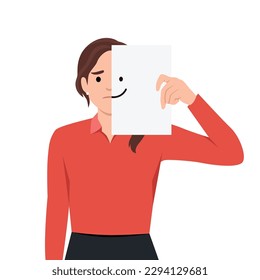 Mental disorder, depression, grief concept. Young sad unhappy woman holding paper smile on face hiding her mouth behind fake drawn smile pretending to be happy. Flat vector illustration isolated on wh