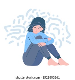 Mental disorder. Depression woman. Girl confused. Teen in stressful situation. teenager psychological problem, shame. Stress, despair, anxiety disorder, fatigue. Flat cartoon vector illustration.