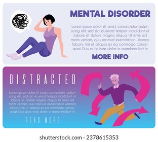 Ensayo de desorden mental y distracción de comportamiento ausente, ilustración vectorial plana. Inatención, hiperactividad e impulsividad problemas neurológicos mentales.