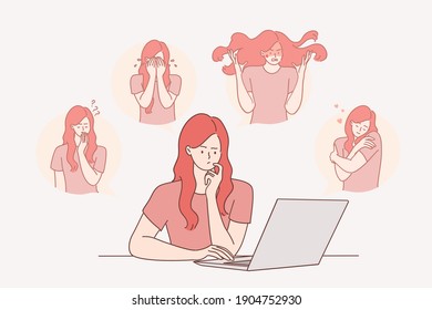 Trastorno mental, concepto de comportamiento distraído. Caricatura de una joven sentada cerca de una laptop que expresa varios sentimientos y emociones que sufren por cambios de humor ilustración vectorial 