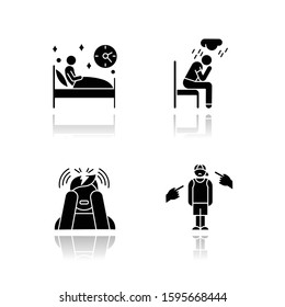 Mental disorder drop shadow black glyph icons set. Sleep deprivation. Depression and anxiety. Stress. Anti-social behaviour. Migraine. Teenager harassment and bullying. Isolated vector illustrations