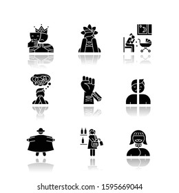 Mental disorder drop shadow black glyph icons set. Impostor. Anxiety. Postpartum depression. Personality disorder. Self-harm. Exhibitionism. Kleptomania. Fetishism. Isolated vector illustrations