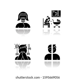 Mental Disorder Drop Shadow Black Glyph Icons Set. Transvestic Fetishism. Postpartum Depression. Phobia. Panic Attack. Mood Disorder. Deviation, Perversion. Woman Crying. Isolated Vector Illustrations