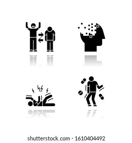 Mental disorder drop shadow black glyph icons set. Manic, depressive episodes. Bipolar disorder. Amnesia. Memory loss. Epileptic seizure. Tardive dyskinesia. Medication. Isolated vector illustrations