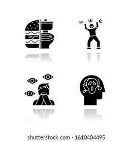 Mental disorder drop shadow black glyph icons set. Bulimia. Eating disorder. Hysteria. Anxiety, depression. Paranoia. Fear and phobia. Psychosis. Psychiatric illness. Isolated vector illustrations