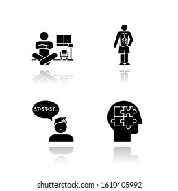 Mental disorder drop shadow black glyph icons set. Alice in wonderland syndrome. Anorexia. Eating disorder. Underweight. Stuttering. Speech disorder. Repetition. Autism. Isolated vector illustrations