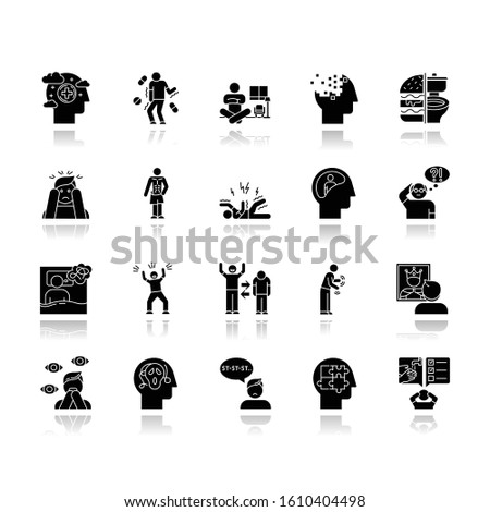Mental disorder drop shadow black glyph icons set. Delusions, schizophrenia. Amnesia. Bipolar disorder. Bulimia, anorexia. Autism spectrum. Obsessive-compulsive syndrome. Isolated vector illustrations