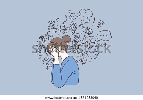 Mental\
disorder, finding answers, confusion concept. Woman suffering from\
depression, closing face with palms in despair, girl trying to\
solve complex problems. Simple flat\
vector