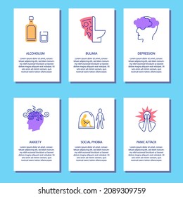 Mental disorder flyer templates set with place for text. Banners with psychological illness symbols in line style. Vector illustration.