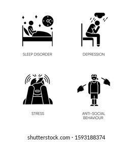 Mental disorder glyph icons set. Sleep deprivation. Depression and anxiety. Stress. Anti-social behaviour. Migraine. Teenager harassment and bullying. Silhouette symbols. Vector isolated illustration