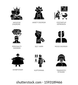 Mental disorder glyph icons set. Impostor syndrome. Postpartum depression. Personality disorder. Self-harm. Exhibitionism. Kleptomania. Fetishism. Silhouette symbols. Vector isolated illustration